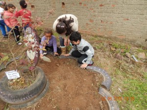 Turminha da pré-escola revitalizando o canteiro de pneus do jardim.